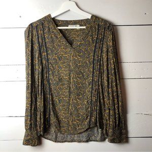 Hinge Boho V Neck Long Sleeve Top Blouse Floral Gold Blue Women's Size Medium